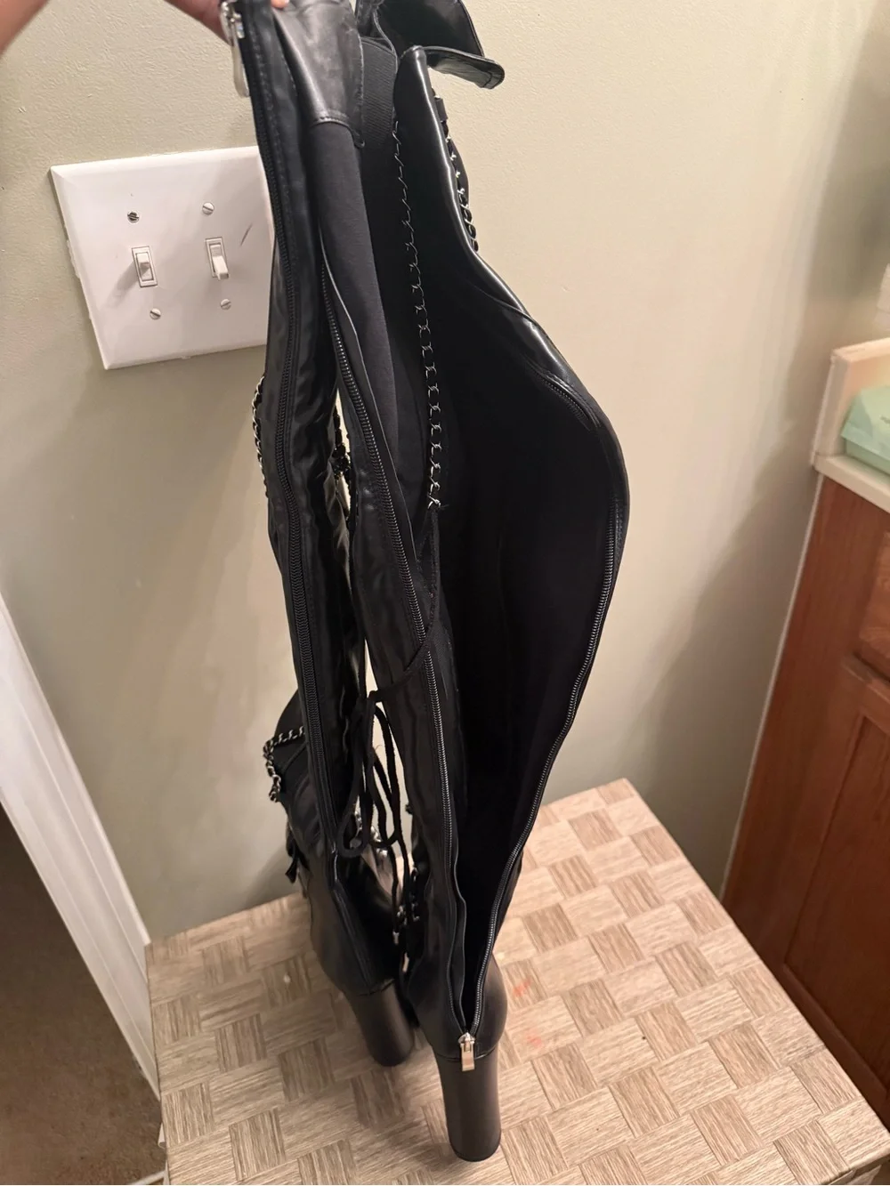 Black Over-the-Knee Boots with Silver Chain Detail